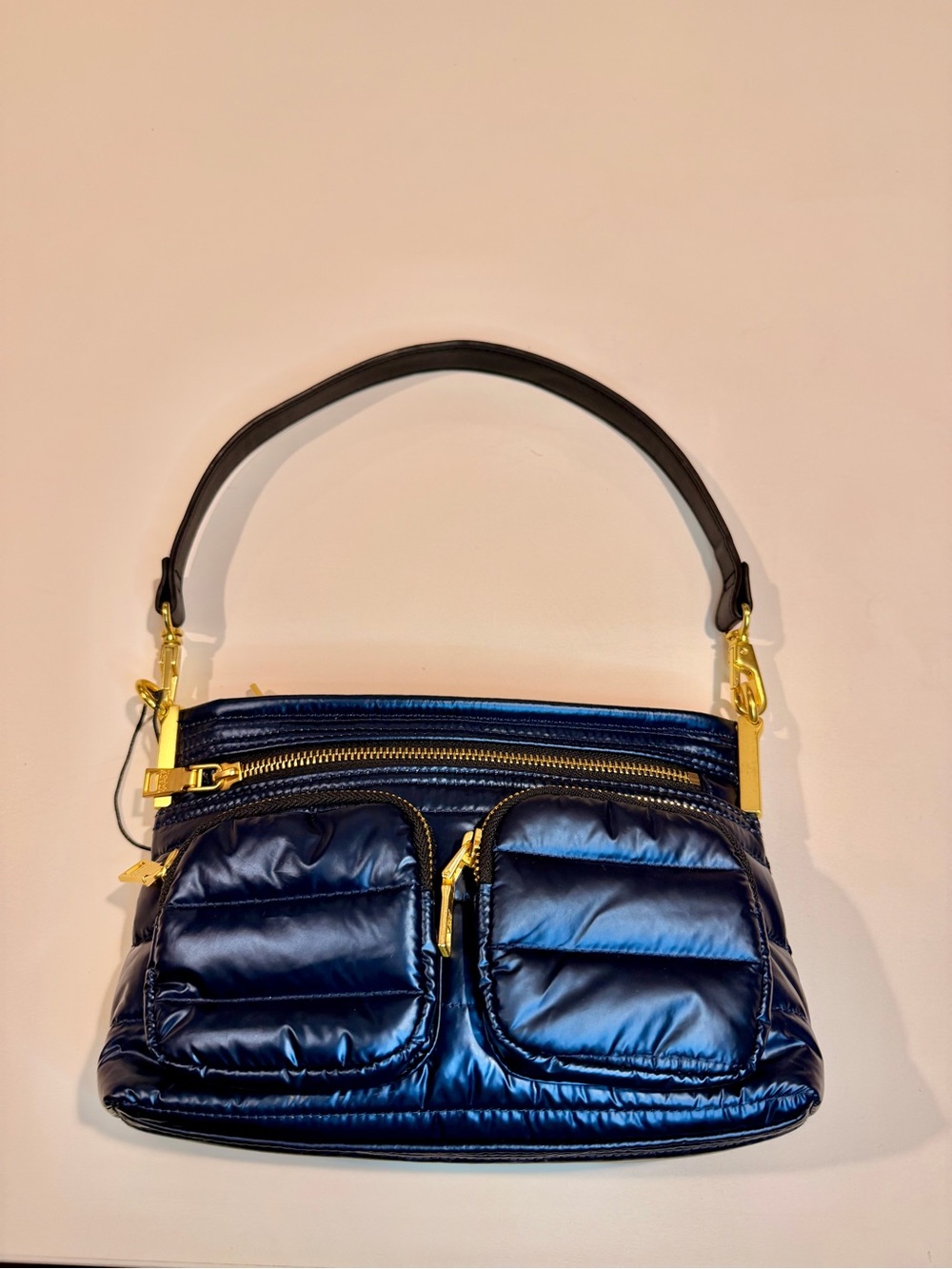 NWOT Think Royln Double Trouble Puffer Crossbody Bag Shiny Navy Blue Gold